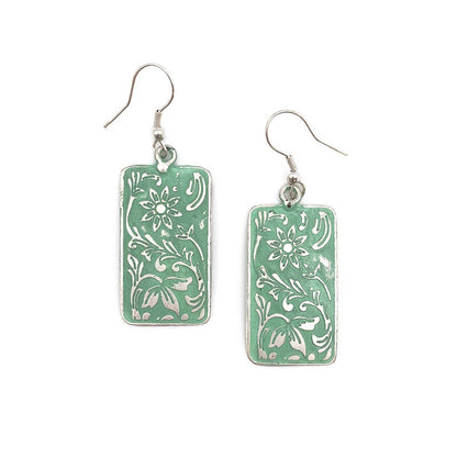 Silver Patina Earrings - Mint Floral Rectangle