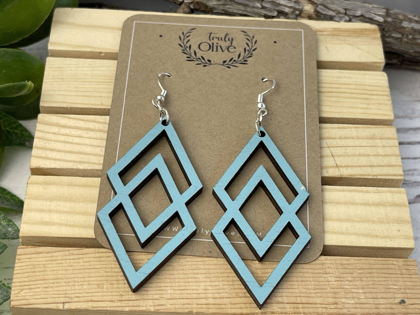 Antique Wood Connected Triangles Earrings