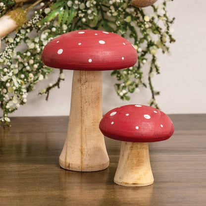 2/Set - White Dotted Red Wooden Mushrooms