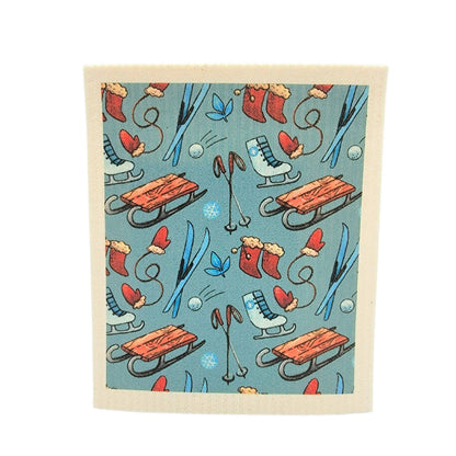 Ski's, Sled & Skates Swedish Dishcloth - Christmas Decor