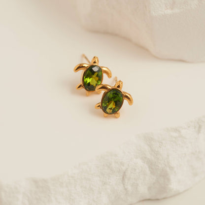 Waterproof Earrings Turtle Studs Green Cubic Zirconia