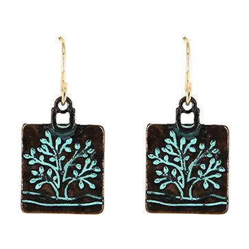 Patina Tree of Life,Hammered Metal Rectangle Earrings