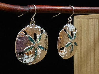 Blue Glitter Sand Dollar Metal Dangle Earrings