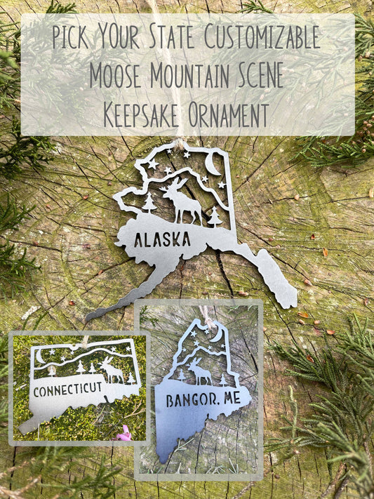Maine Mountain Moose Scene Raw Steel Ornament