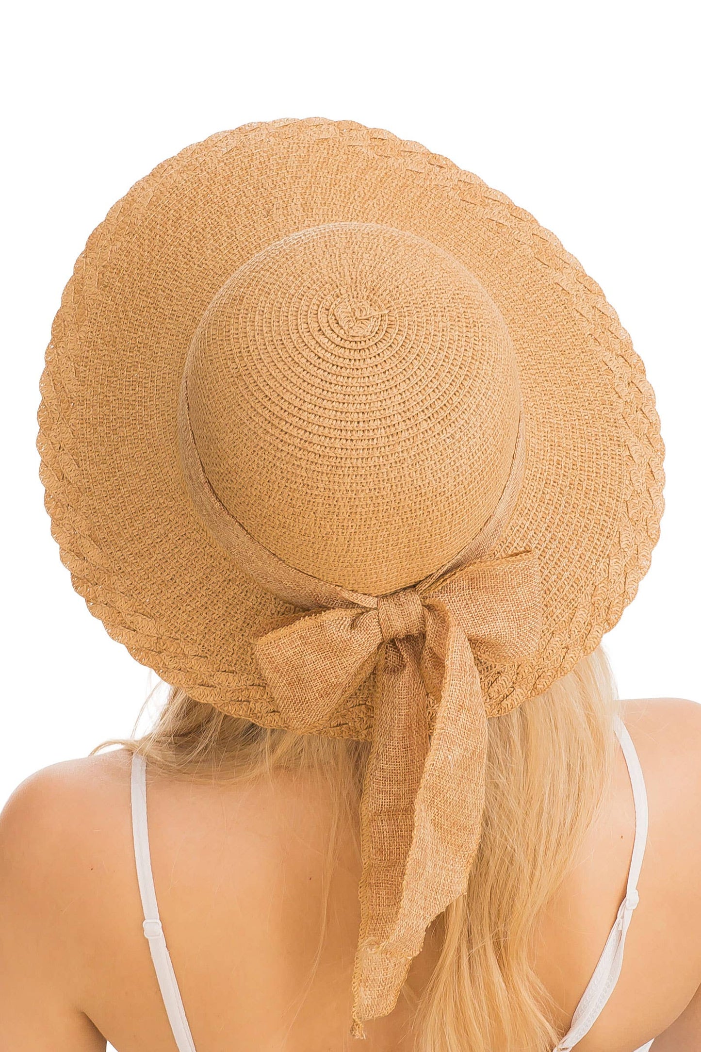 Burlap Ribbon Scallop Derby Sun Hat with Chin Strap