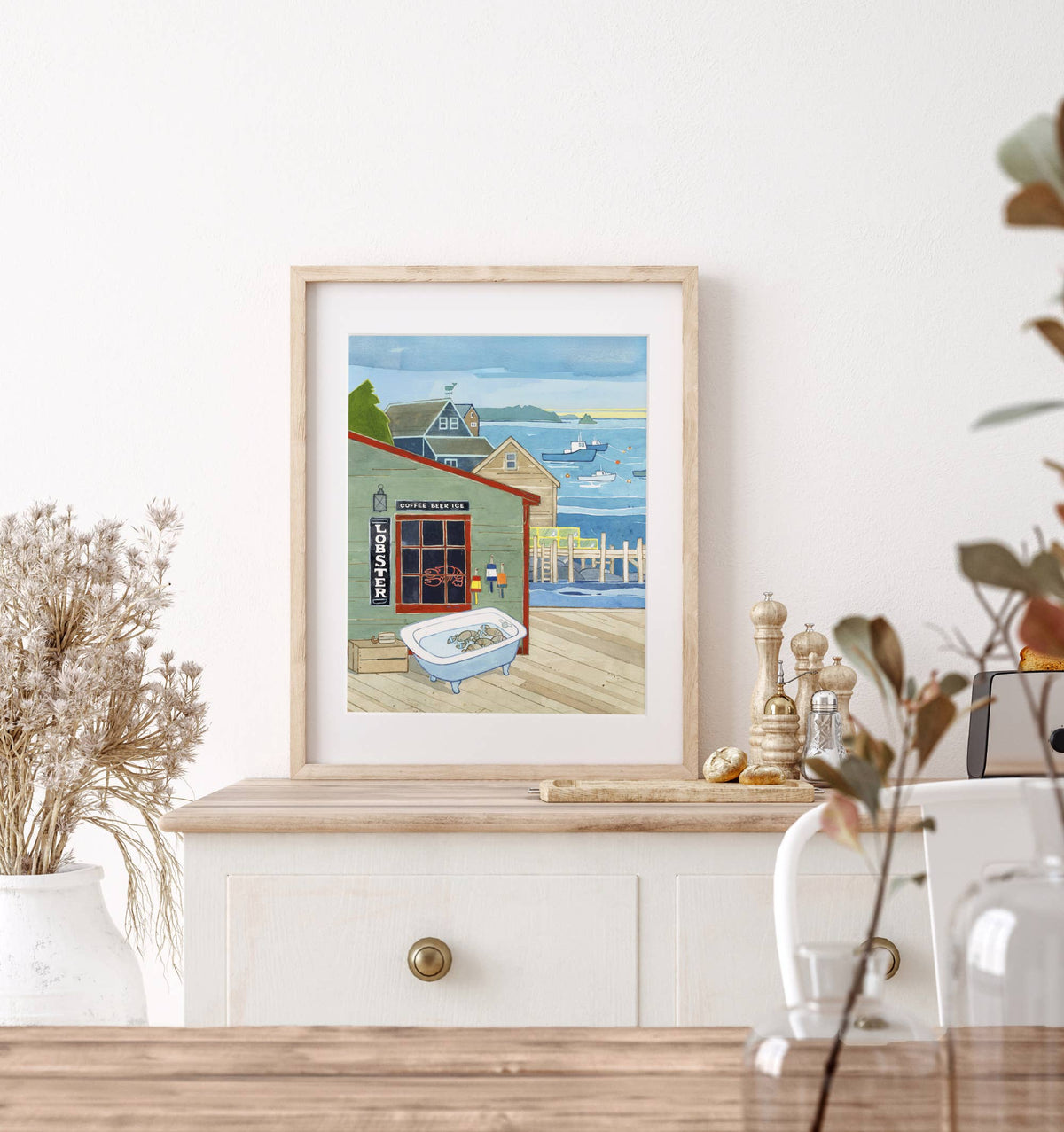 Maine Lobsters General Store Art Print, Coastal Seascape