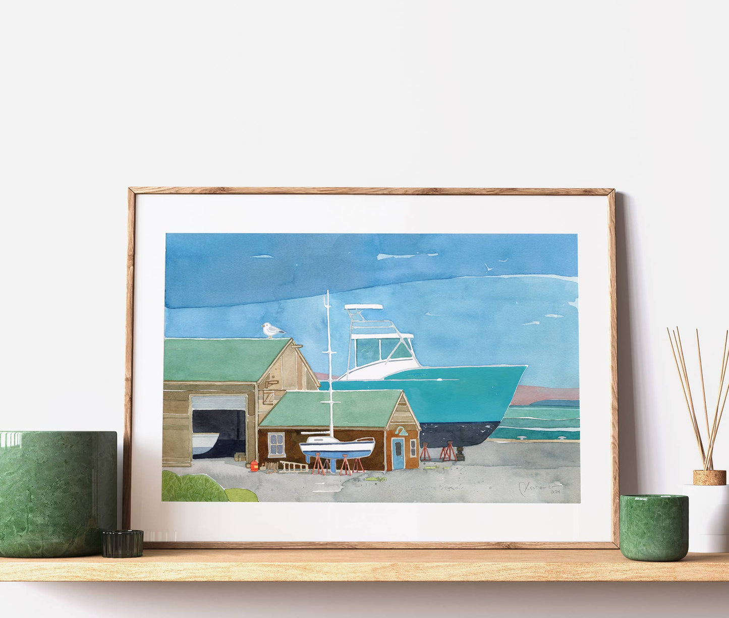 Boatyard Watercolor Print Coastal Sailboat Art