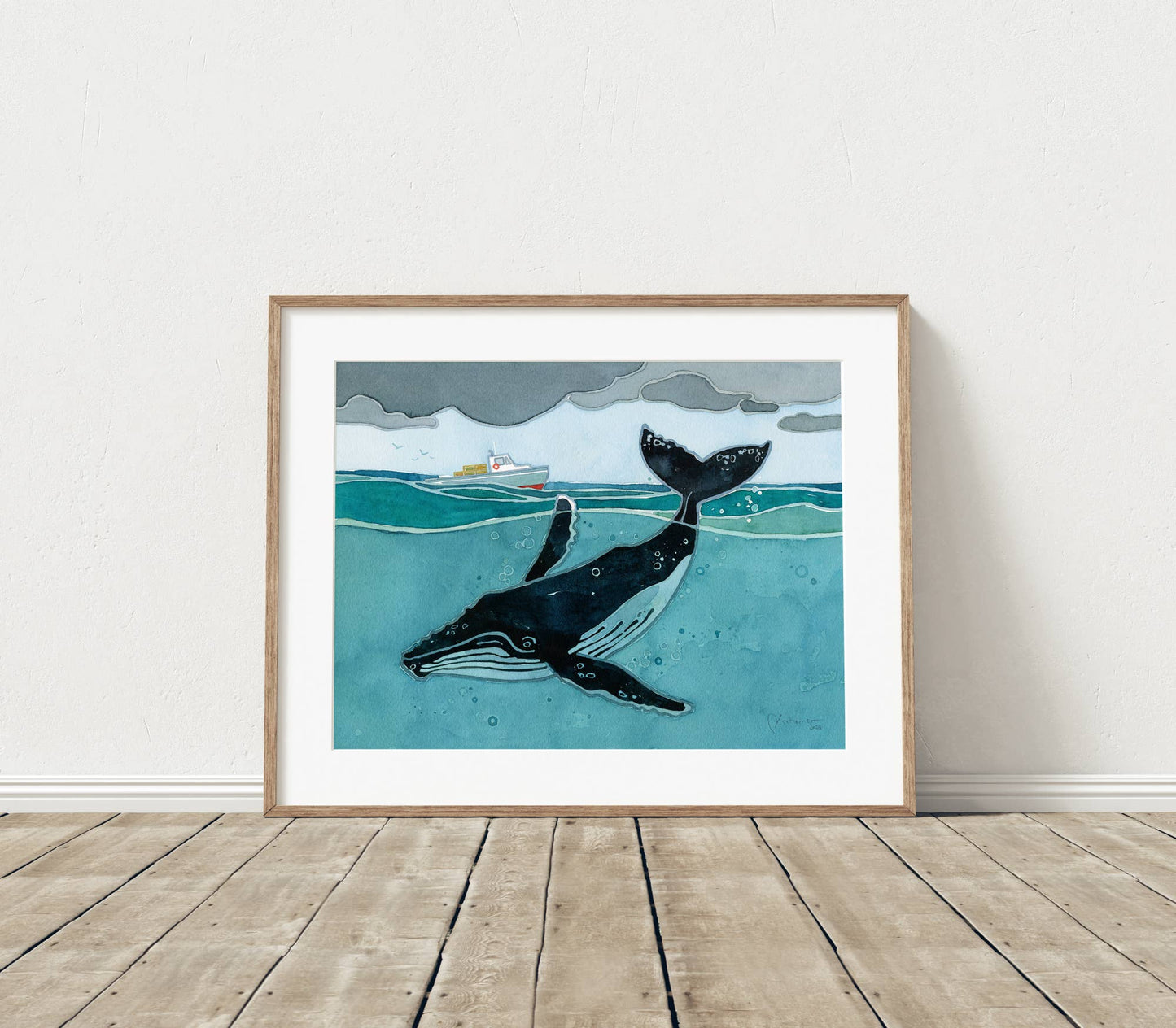 Humpback Whale and Fishing Boat Nautical Watercolor Print
