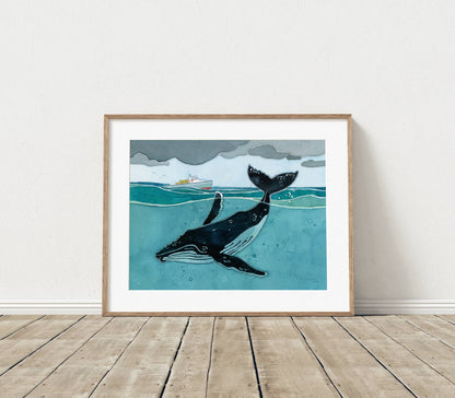 Humpback Whale and Fishing Boat Nautical Watercolor Print