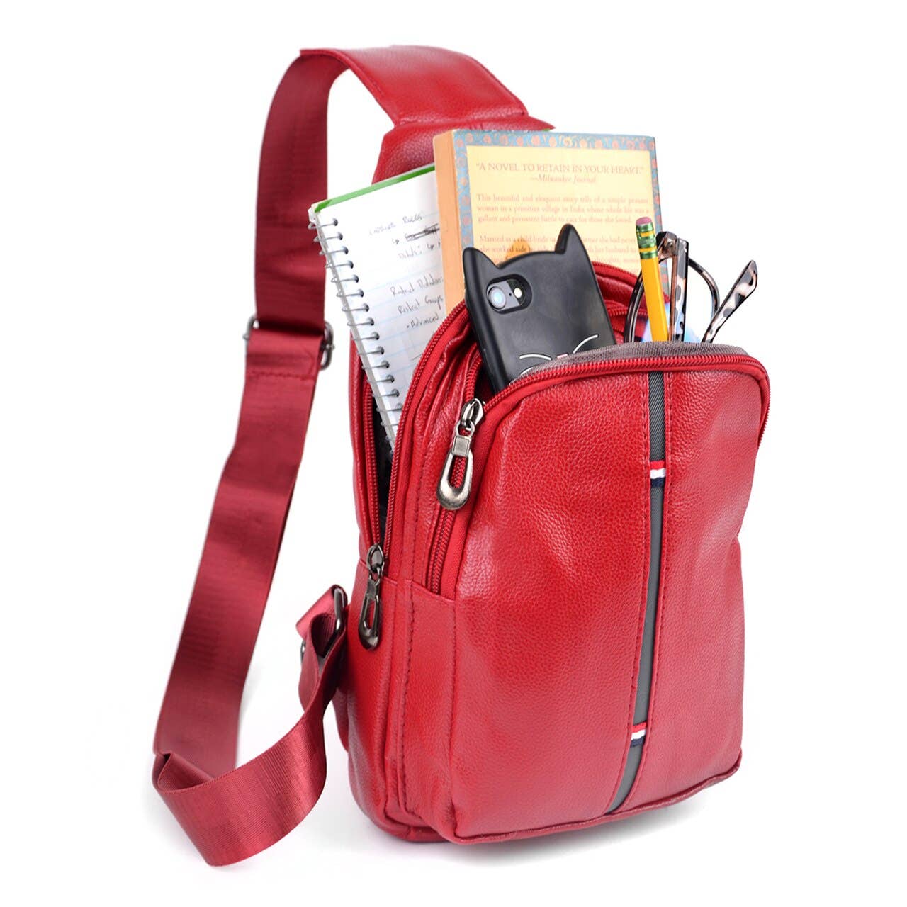 Red Crossbody Leather Sling Bag Backpack