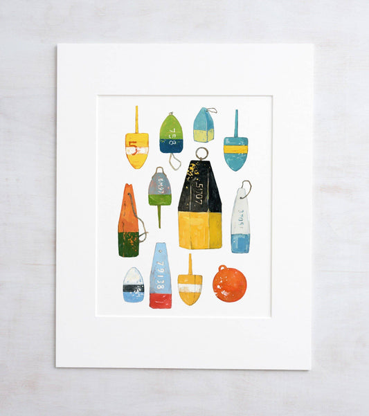 Lobster Buoys Watercolor Painting, Colorful Nautical Print