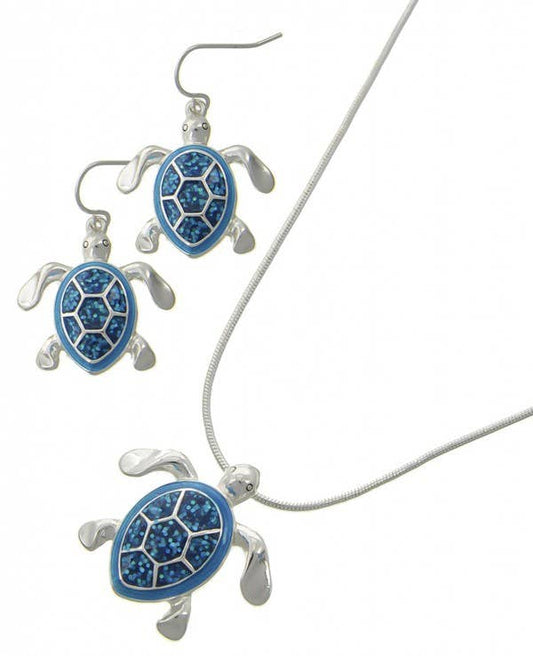 Glitter Blue & Turquoise Turtle Necklace Set