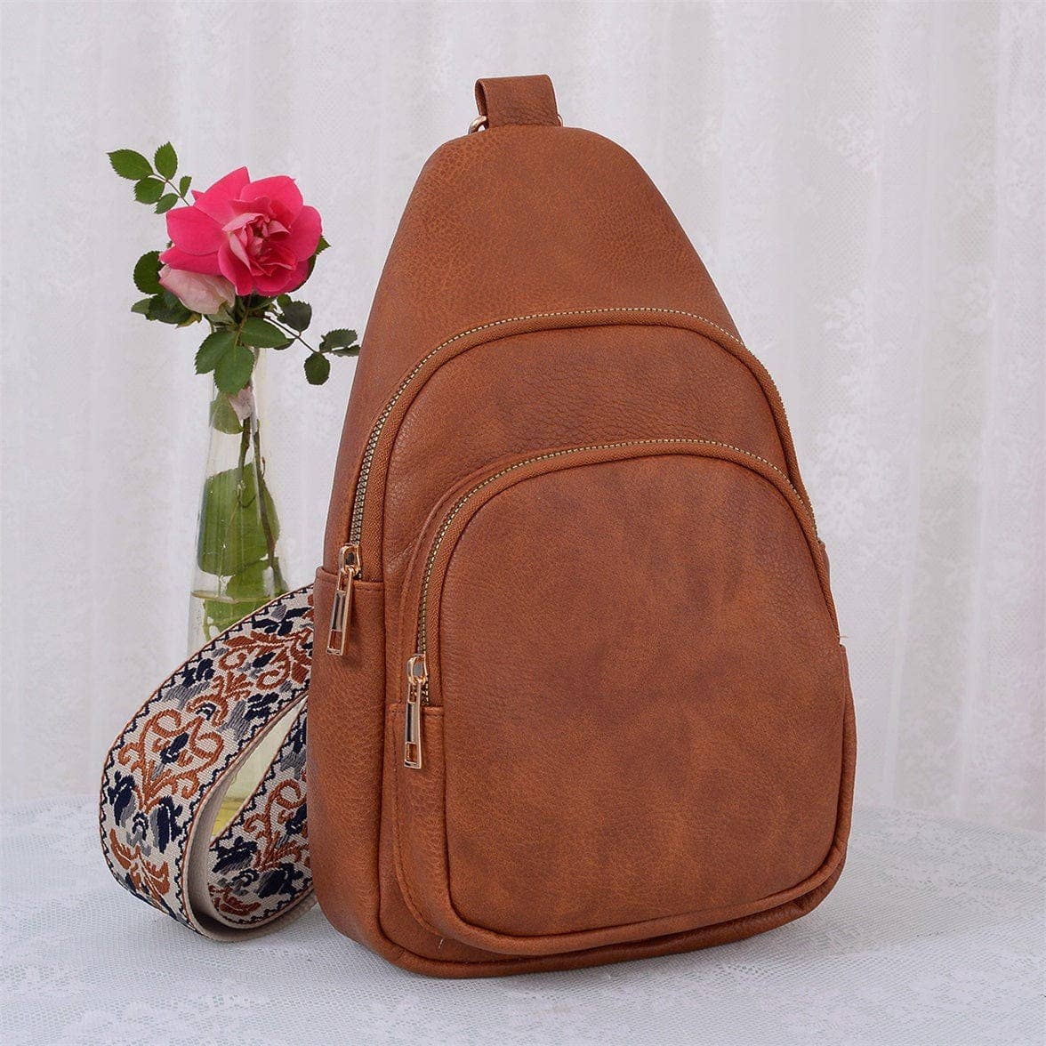 Zipper Crossbody Bag with Boho Strap