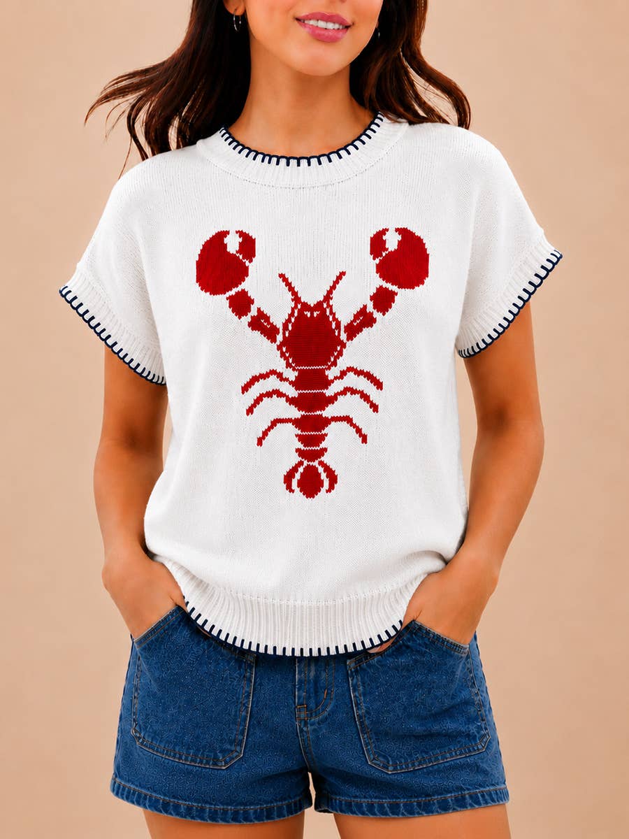 Coastline Lobster Whip-Stitch Knit Sweater Cap Sleeves Top