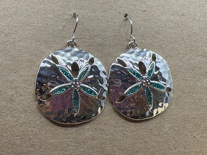 Blue Glitter Sand Dollar Metal Dangle Earrings