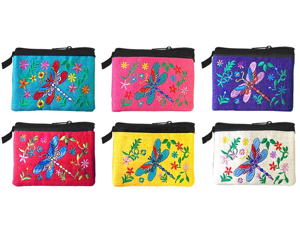 Embroidered Dragonfly Floral Coin Purse