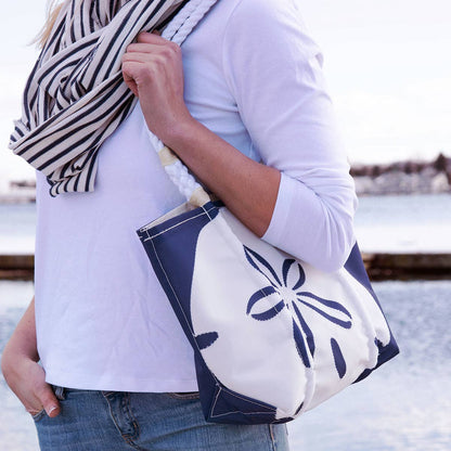 White on Navy Sand Dollar Handbag