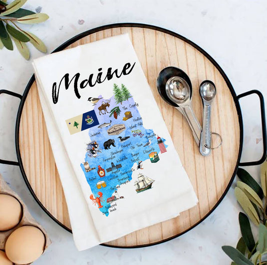 Maine State Map Flour Sack Tea Towel