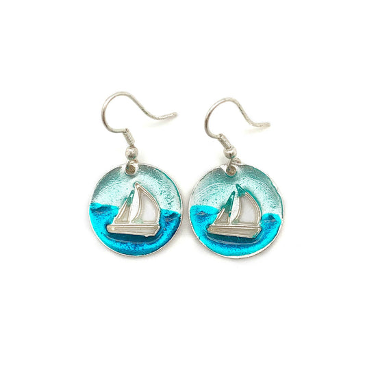 Pewter Earrings w Color Enamel - Teal/Aqua Sailboat