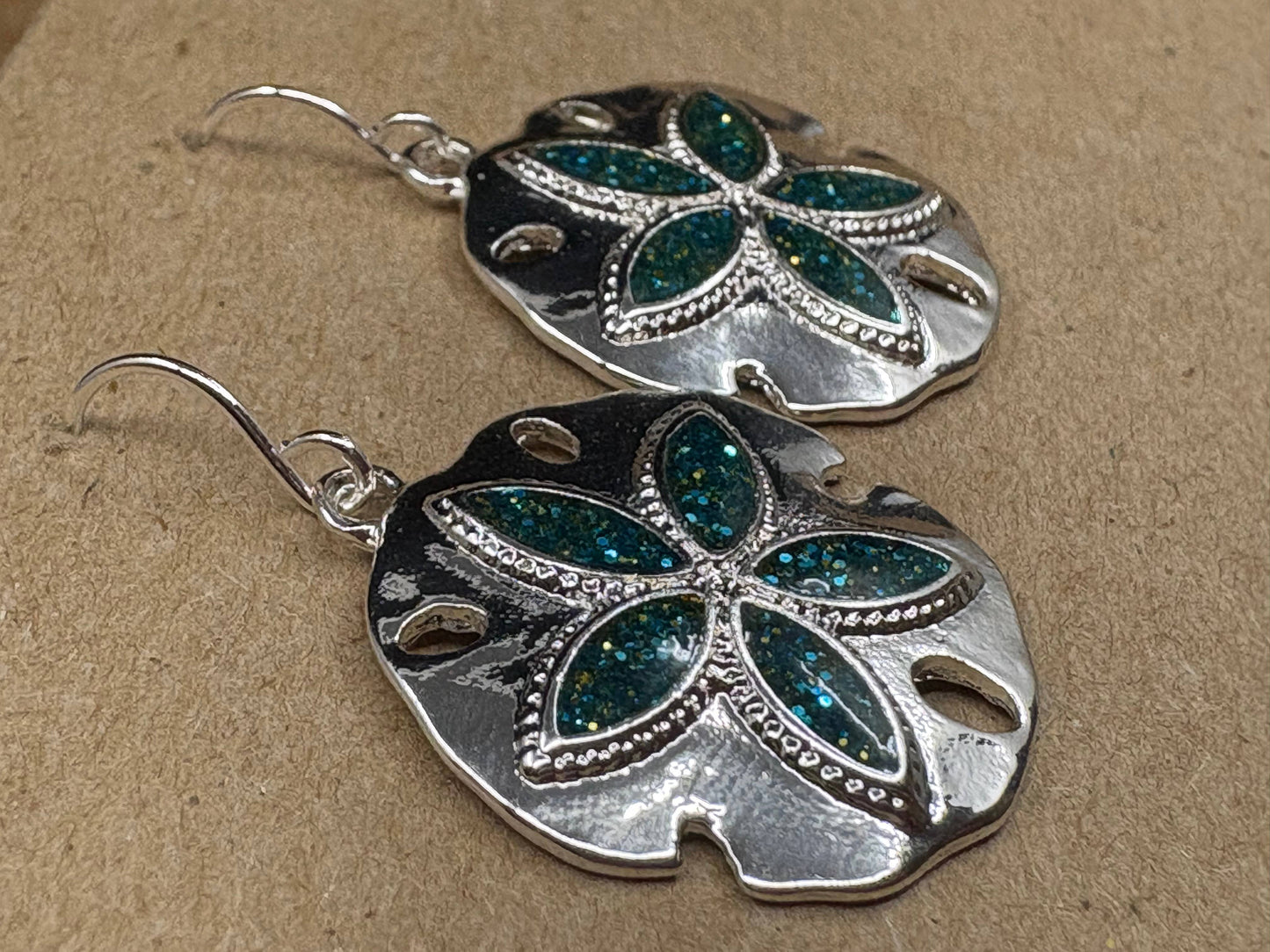 Glitter Blue Sand Dollar Metal Dangle Earrings