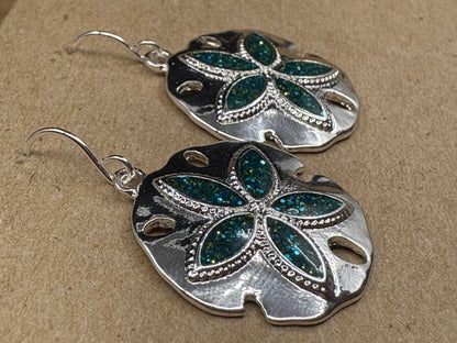 Glitter Blue Sand Dollar Metal Dangle Earrings