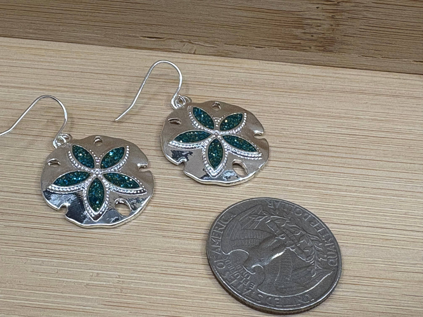Glitter Blue Sand Dollar Metal Dangle Earrings
