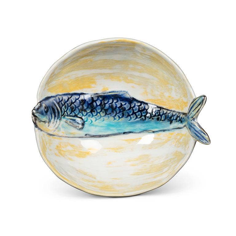 Round Slim Fish Small Bowl-Blue & Yellow-5"D