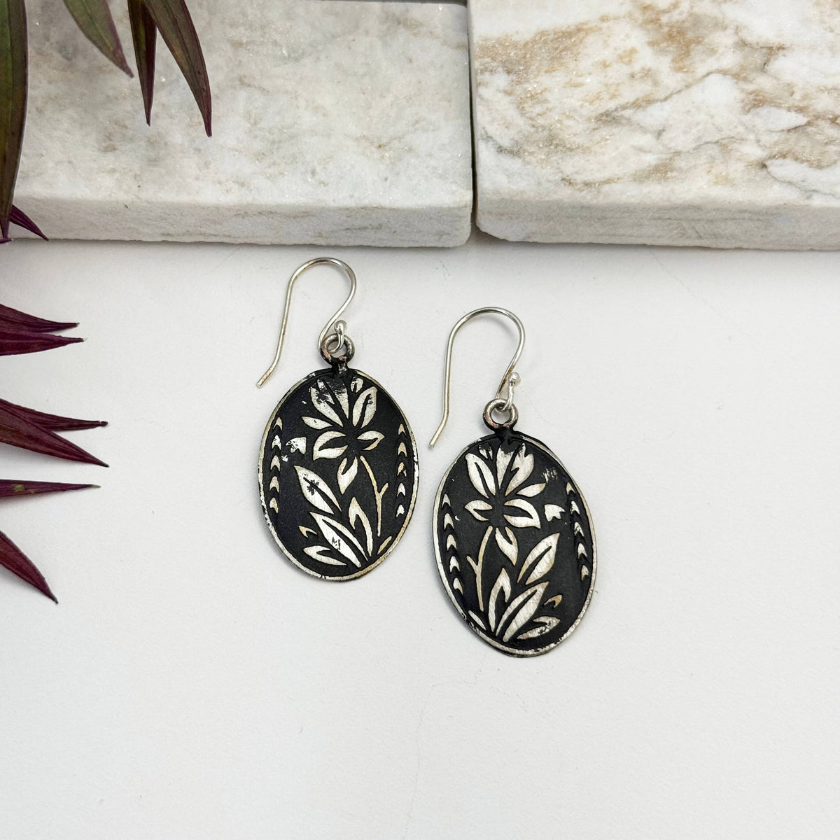Handcrafted Silver Patina Black Floral Earrings