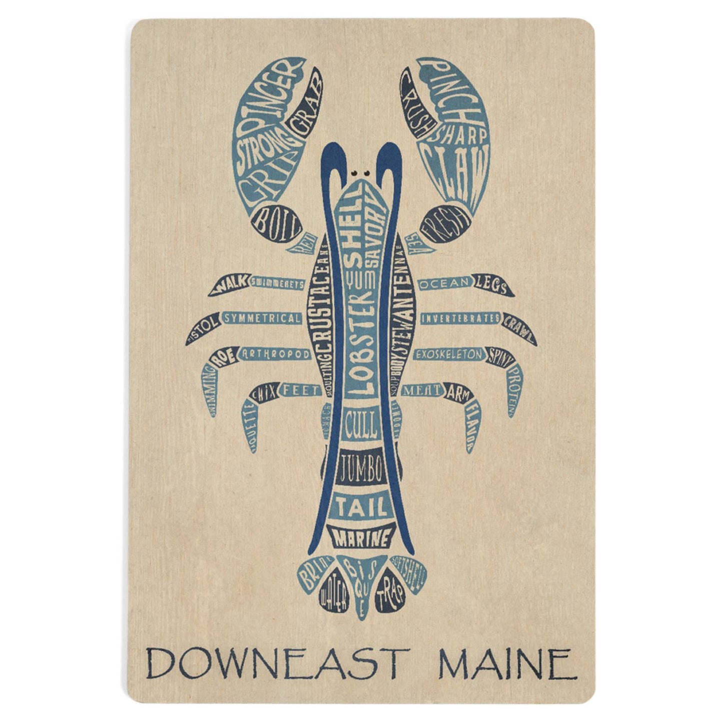 WOOD POSTCARD Maine, Blue Lobster, Typography