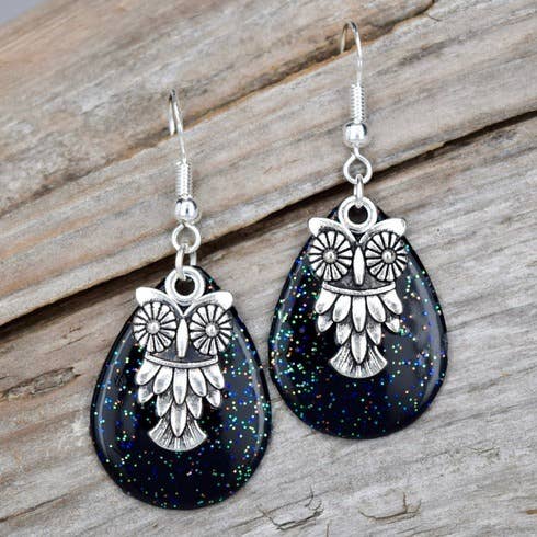 Bird Black Sparkle Owl Earrings Handmade Jewelry Maine