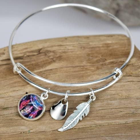 Dream Catcher Button Bangle With Feather Silver