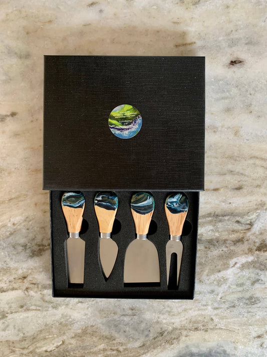 Nikita Fine Art LLC Cheese Utensil Set of 6 with black box organic resin