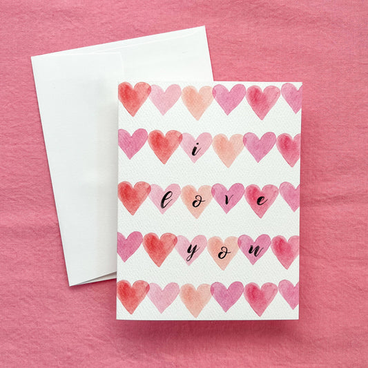 I Love You Watercolor Hearts Greeting Card | Valentine's Day